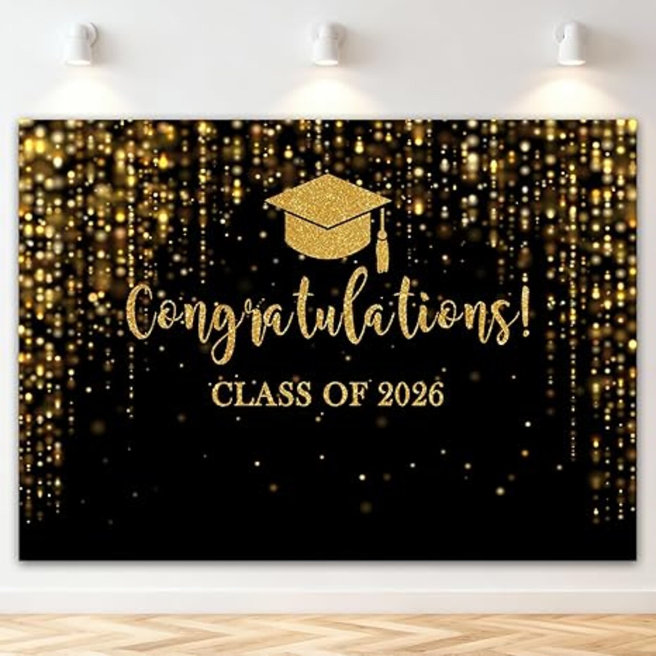 Class of 2026 Graduation Backdrop - Black and Gold Glitter Bokeh Photo Background - 7x5ft Congrats Grad Banner for Prom, Cake Table Decor, and Party Photo Booth Props